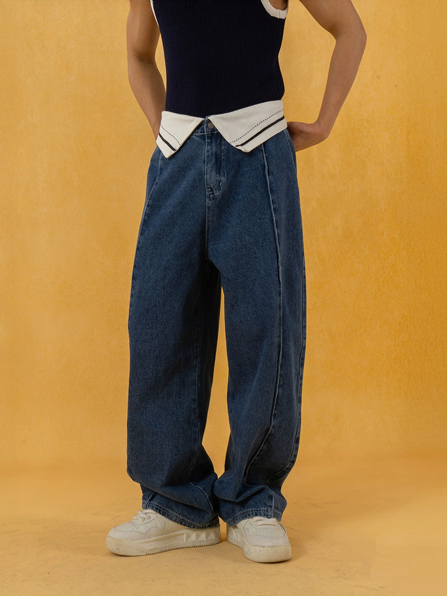Fold Waist Wide Leg Straight Pants