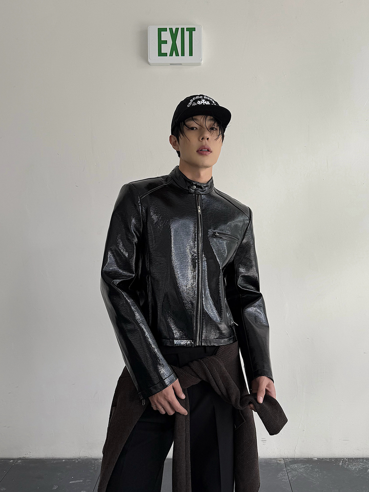 Glossy Textured Leather Slim Fit Jacket