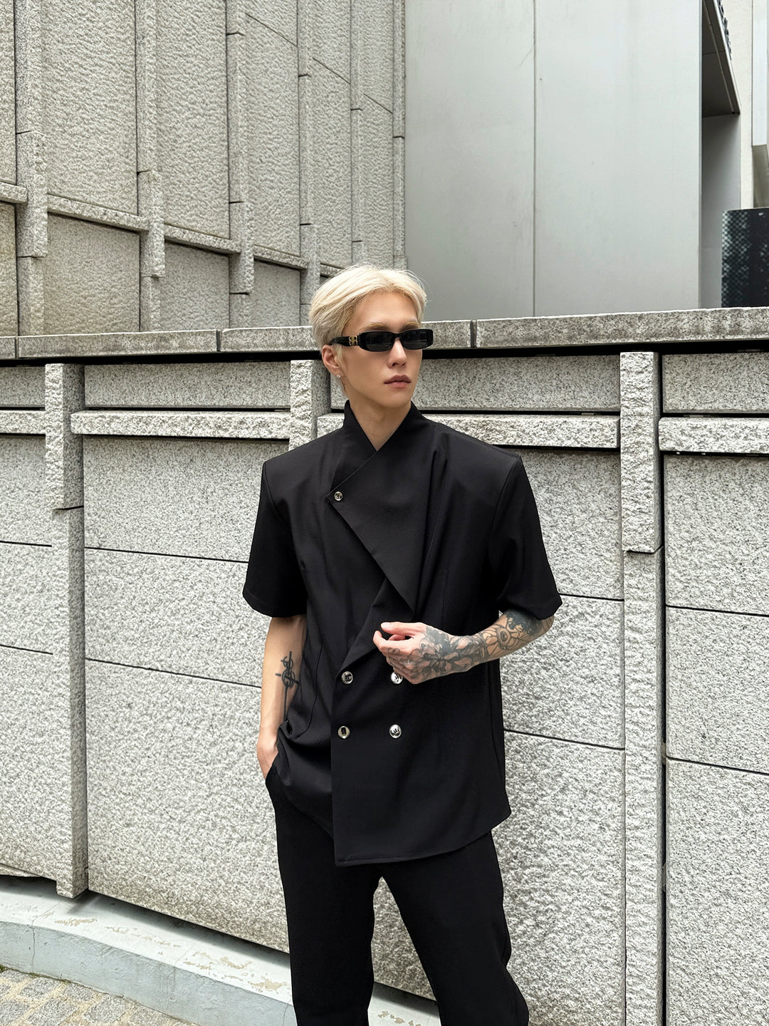 Irregular Stand Collar Padded Shoulder Shirt