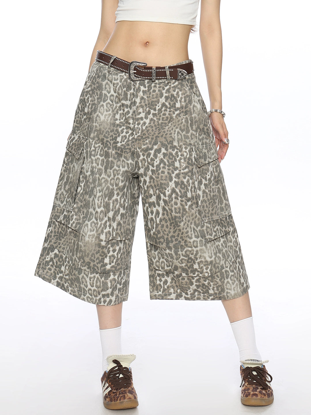 Leopardprint Denim Cropped Cargo Broek