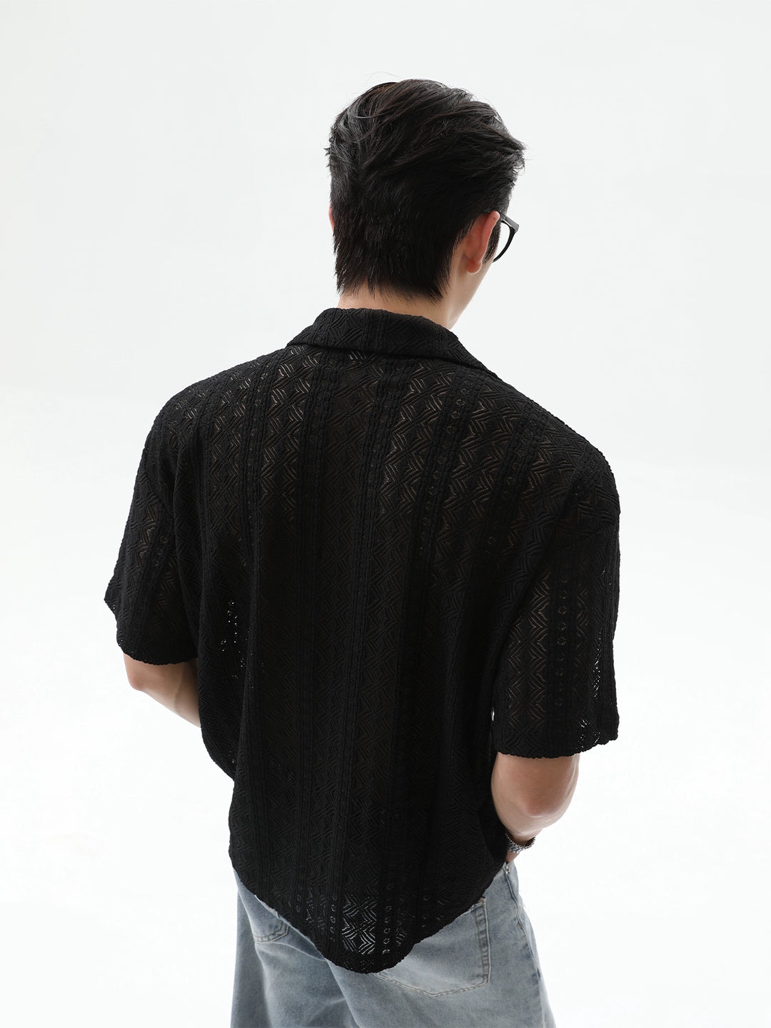 Lace Texture Short Sleeve Button-Up Shirt