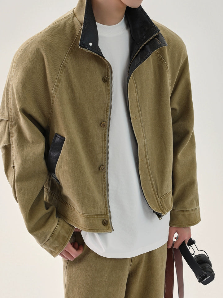 PU Leather Patchwork Denim Jacket and Pants