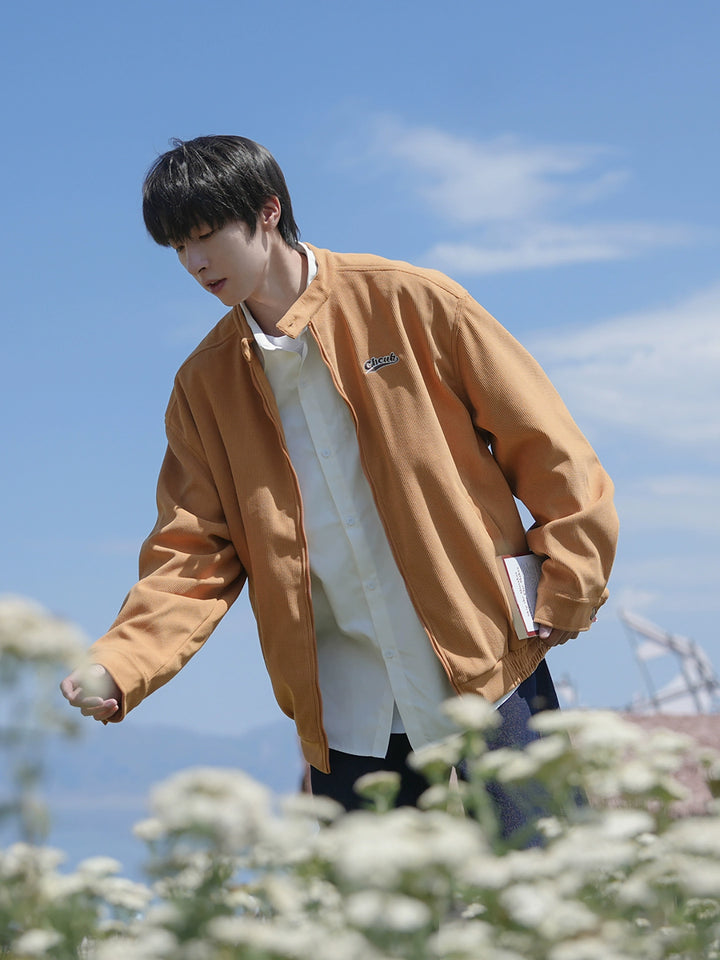 Corduroy Stand Collar Embroidered Jacket