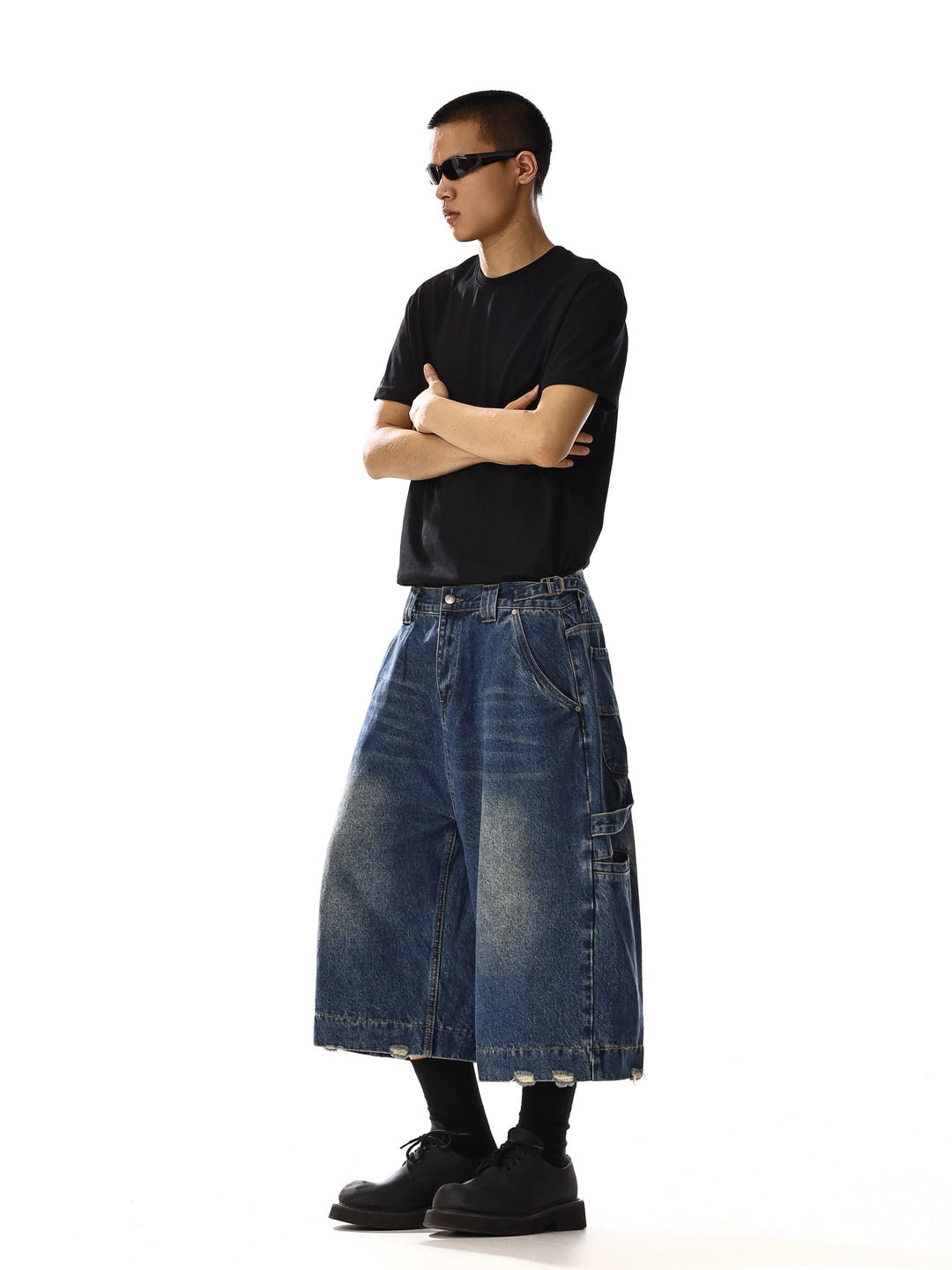 Wide-Leg Cropped Denim Cargo Pants
