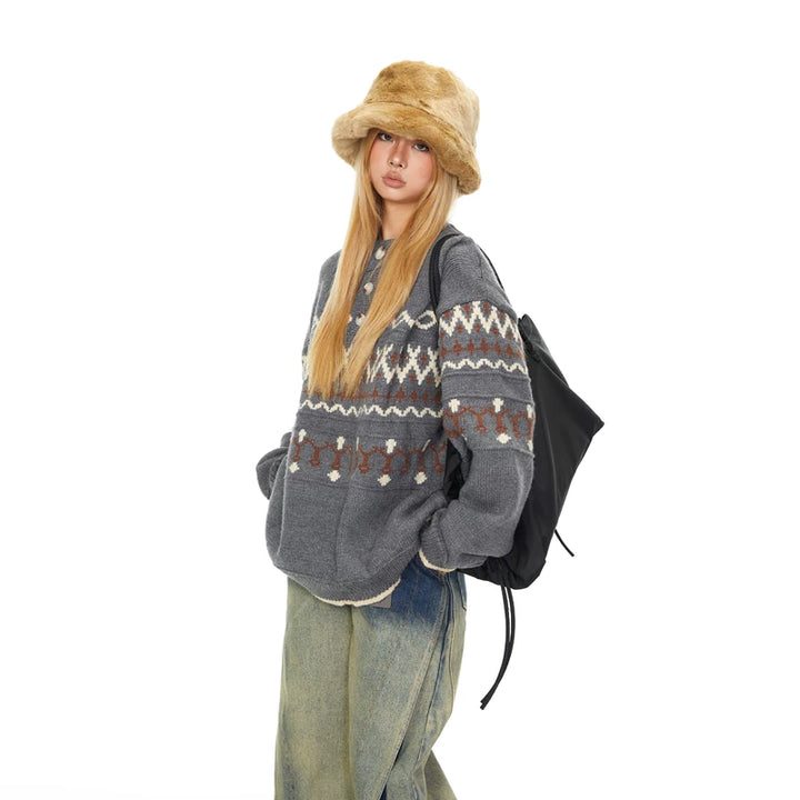 Henley Collar Striped Knit Sweater