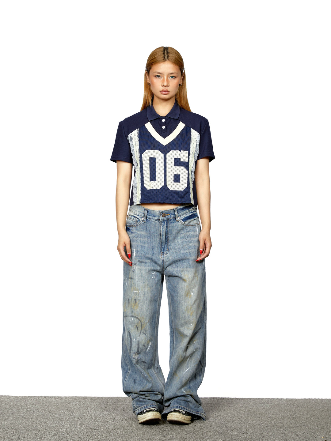 Polo Collar Lace Mesh Jersey Top