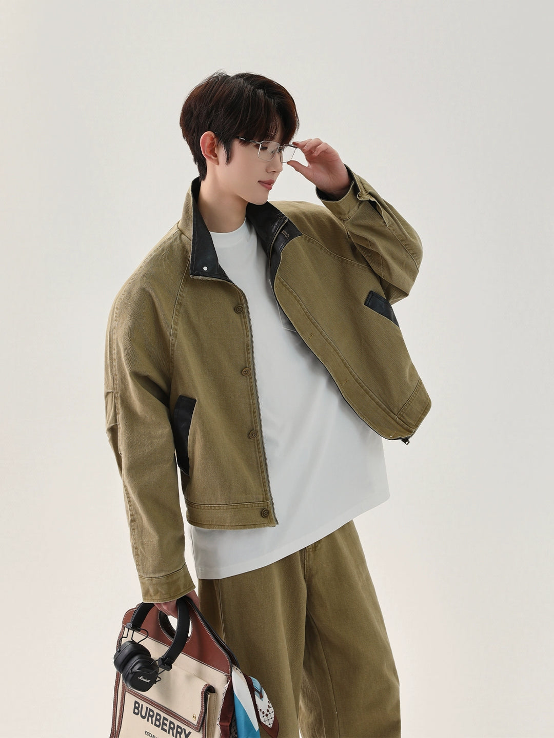 PU Leather Patchwork Denim Jacket and Pants