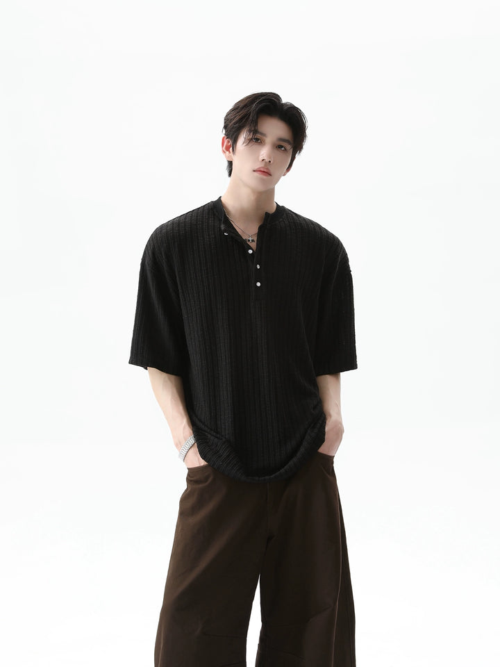 Ribbed Henley Collar Short Sleeve Pullover