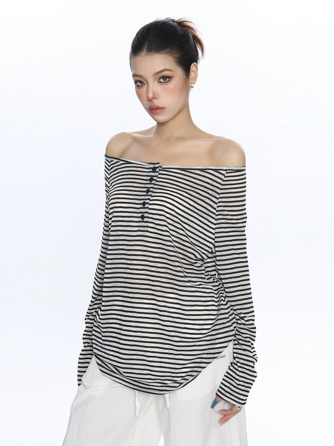 Gestreepte Off Shoulder Lange Mouw Top
