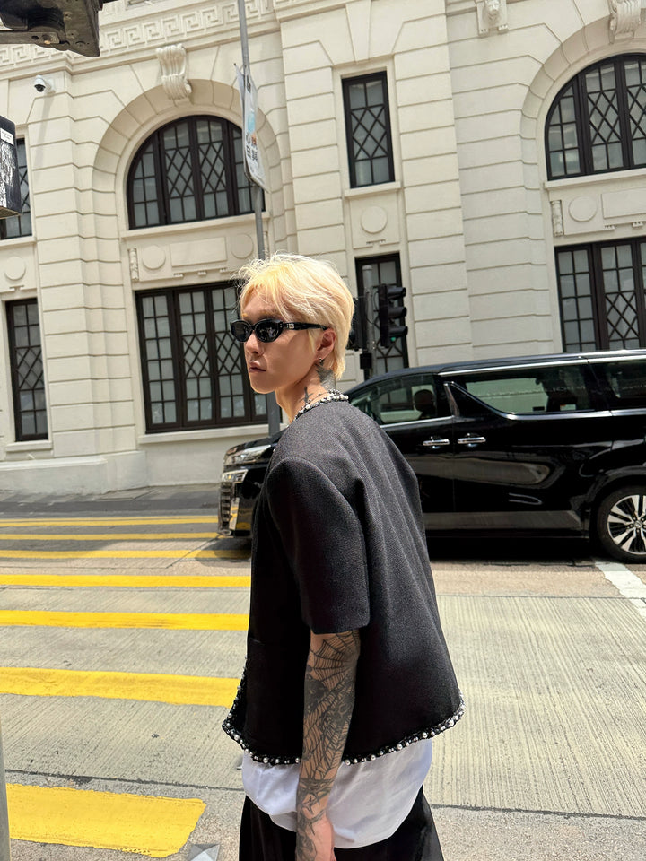 Pearl Trim Woven Short Sleeve Jacket