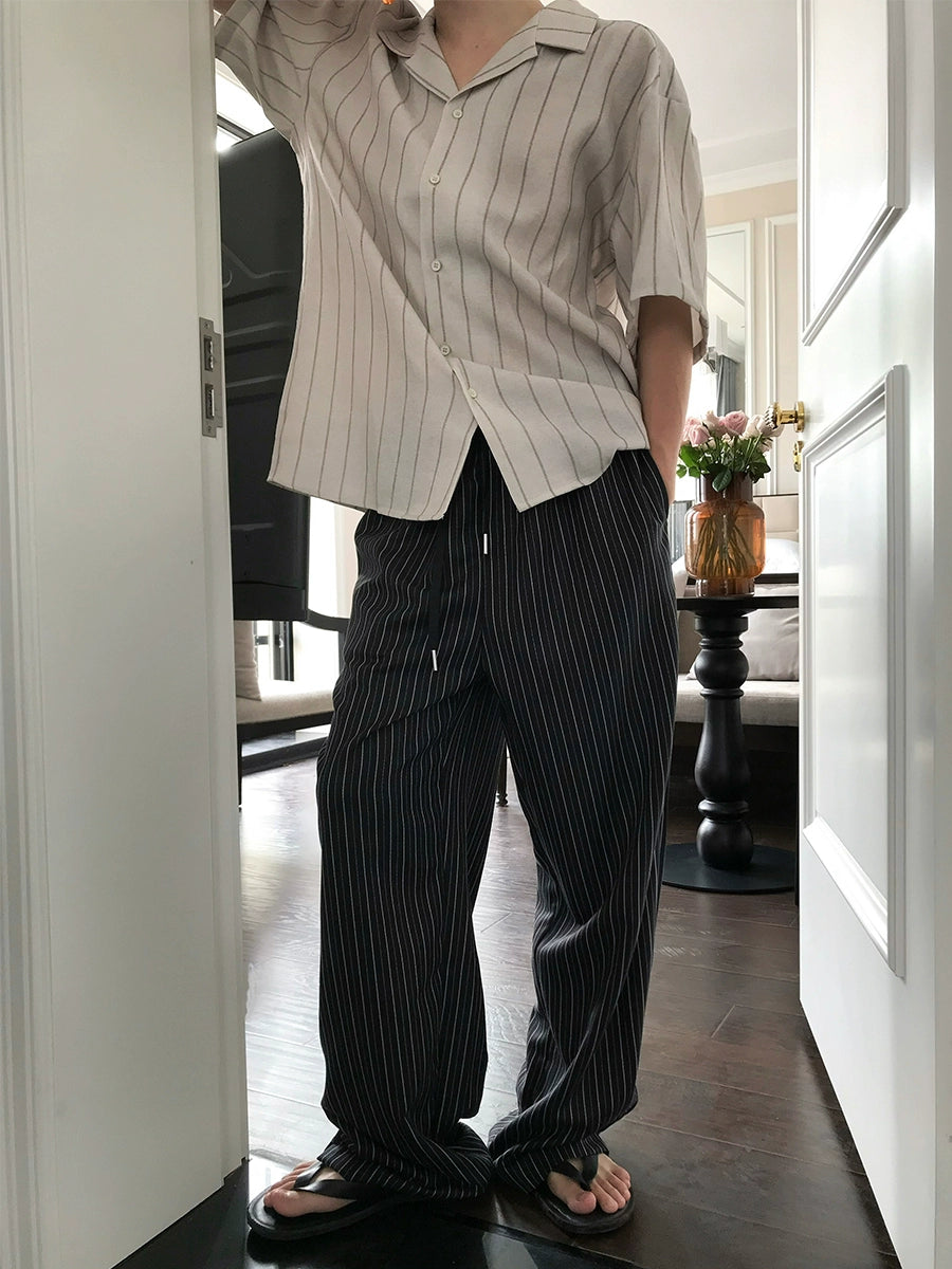 Drawstring Elastic Waist Striped Loose Pants