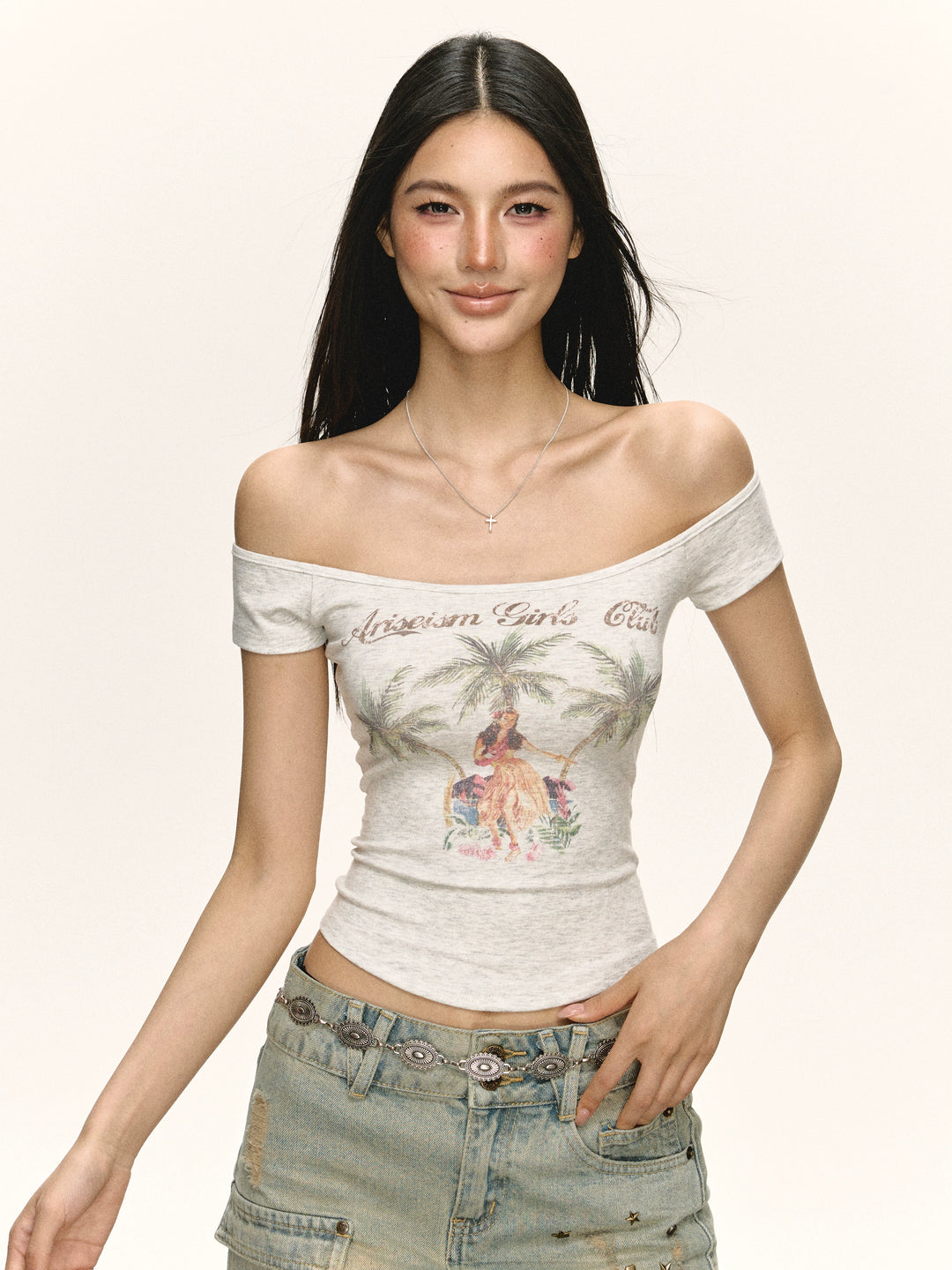 Retro Hawaiian Off-Shoulder Slim Fit Top