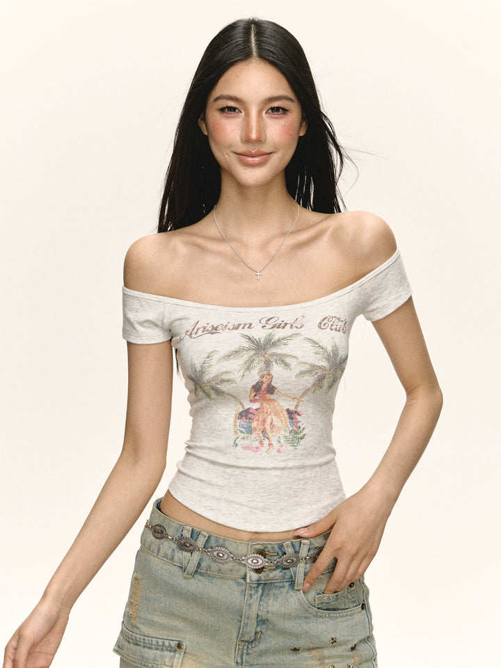 Retro Hawaiian Off-Shoulder Slim Fit Top
