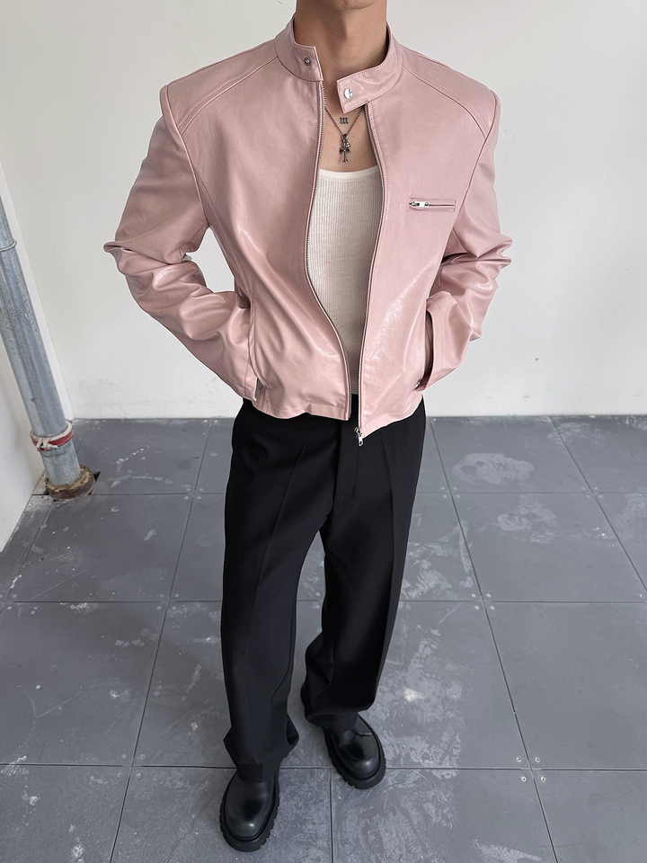 Glossy Textured Leather Slim Fit Jacket