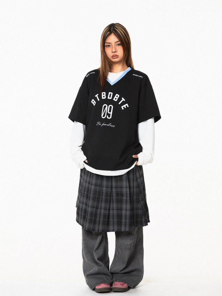 V-Neck Retro Stitching Pullover Sweatshirt