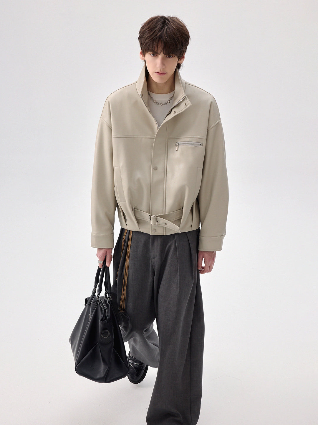 High-Collar Zipper Leather Jacket