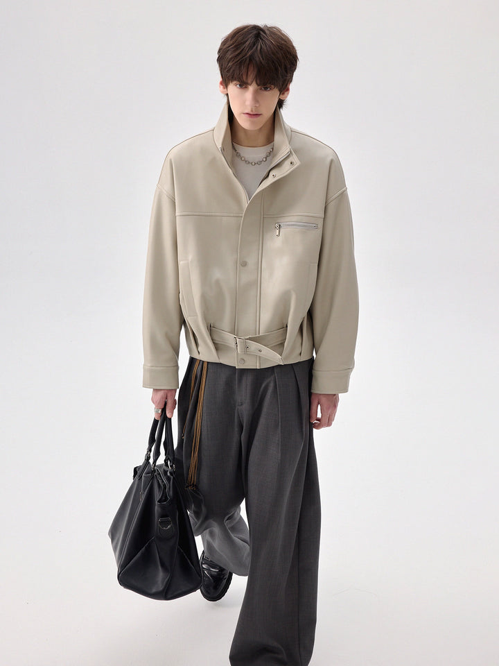 High-Collar Zipper Leather Jacket