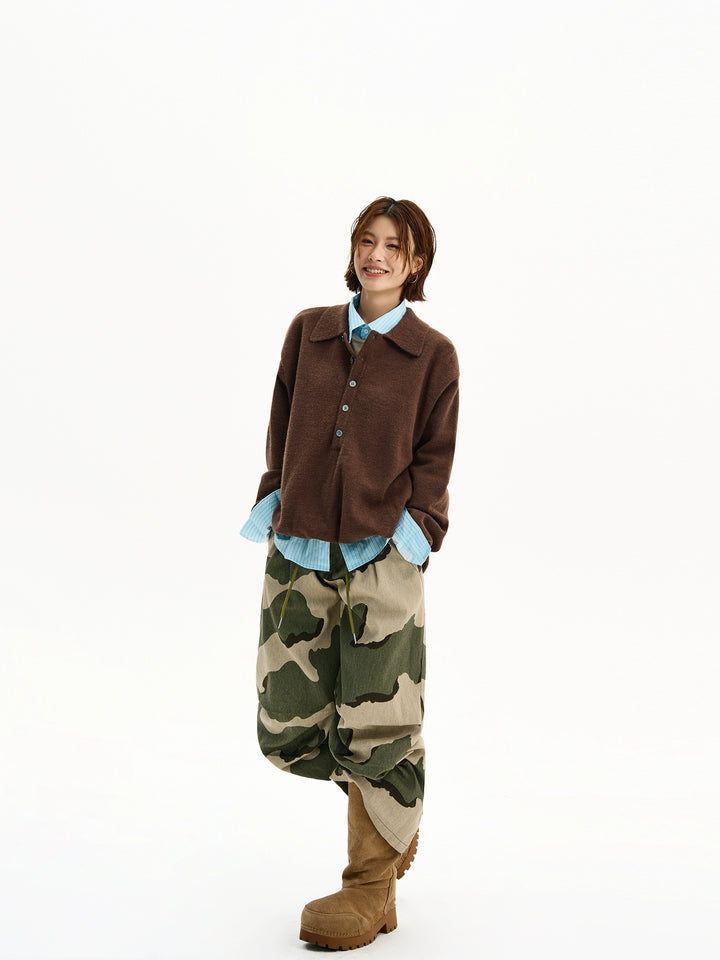 Retro zachte knop revers cardigan trui