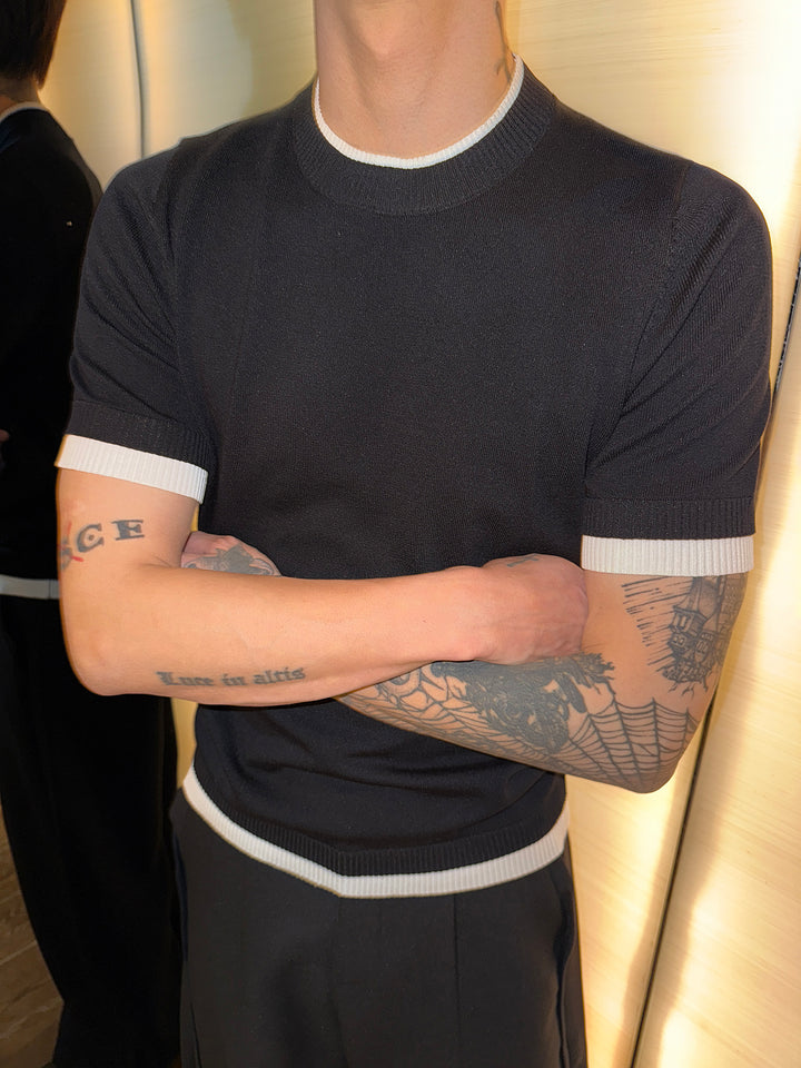 Knitted Short Sleeve Contrast Cuff T-shirt