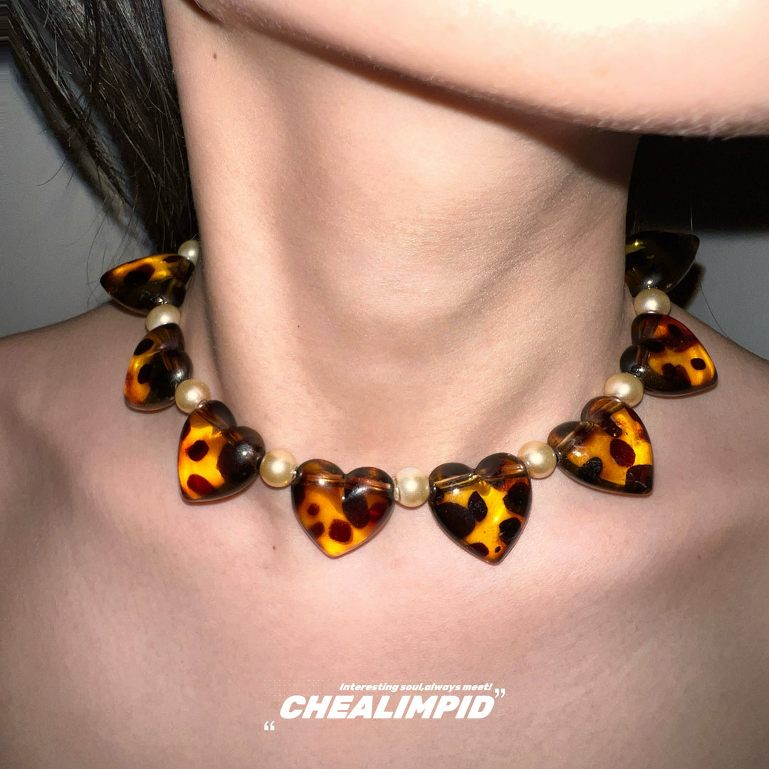 Leopard Heart Pearl Choker Necklace