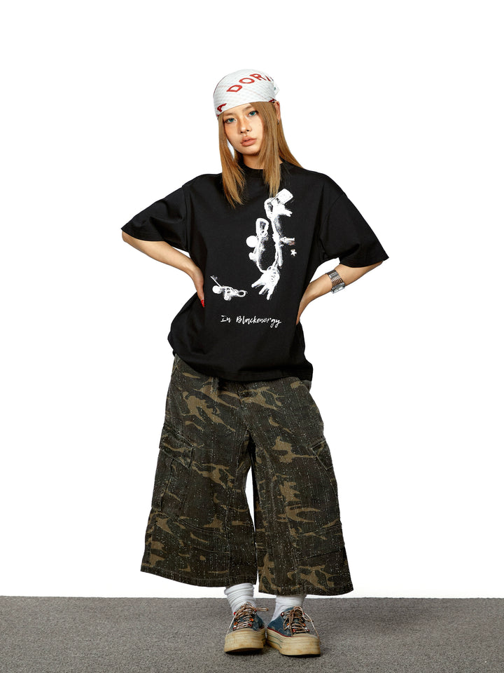 グラフィックプリントルーズフィットショートスリーブTシャツ