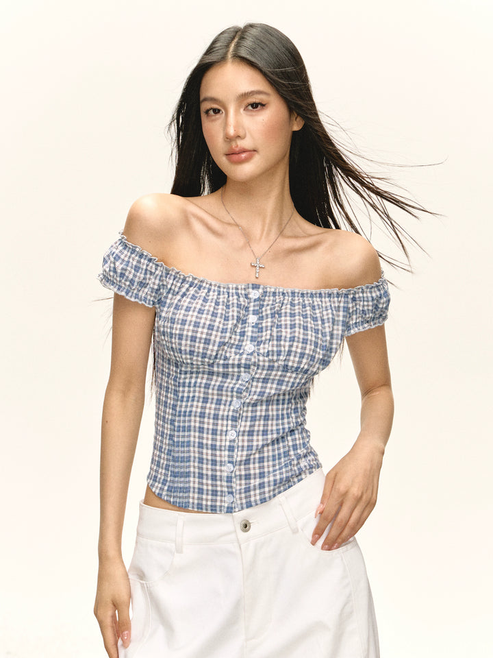 Off Shoulder Plaid Button-Up Top