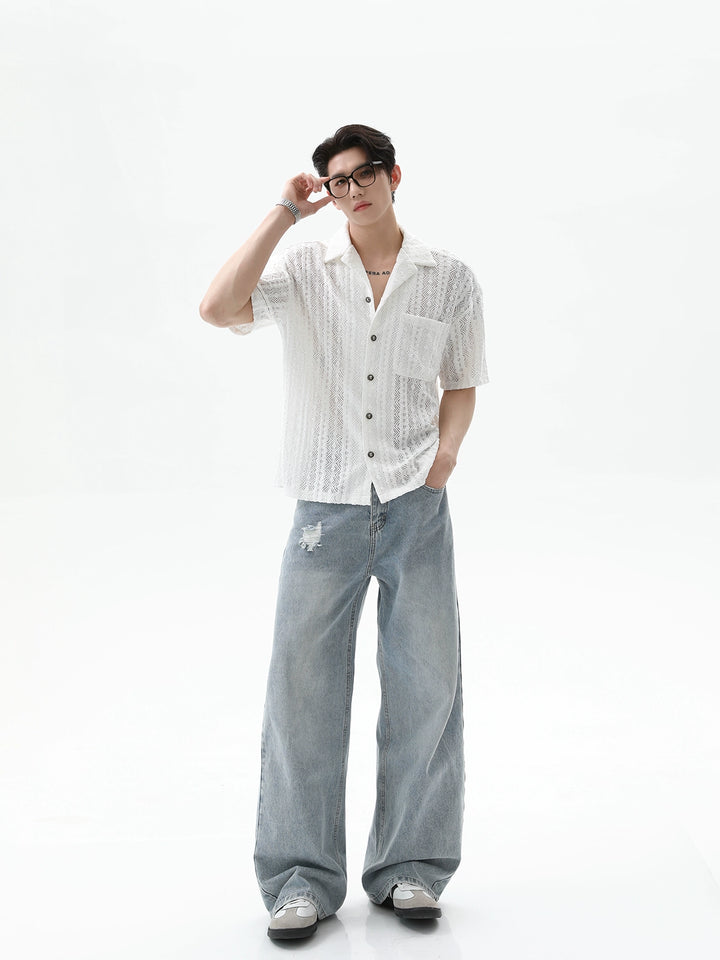 Lace Texture Short Sleeve Button-Up Shirt