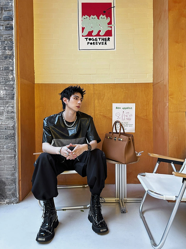 Short Sleeve Leather Panel Cotton Pullover