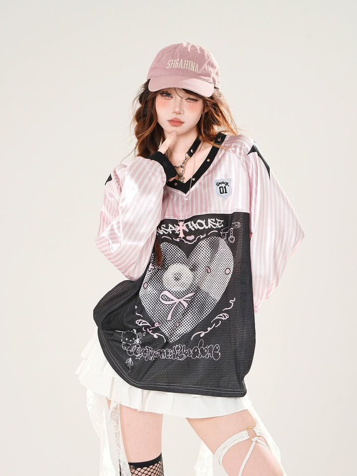 Striped V-Neck Heart Graphic Hoodie