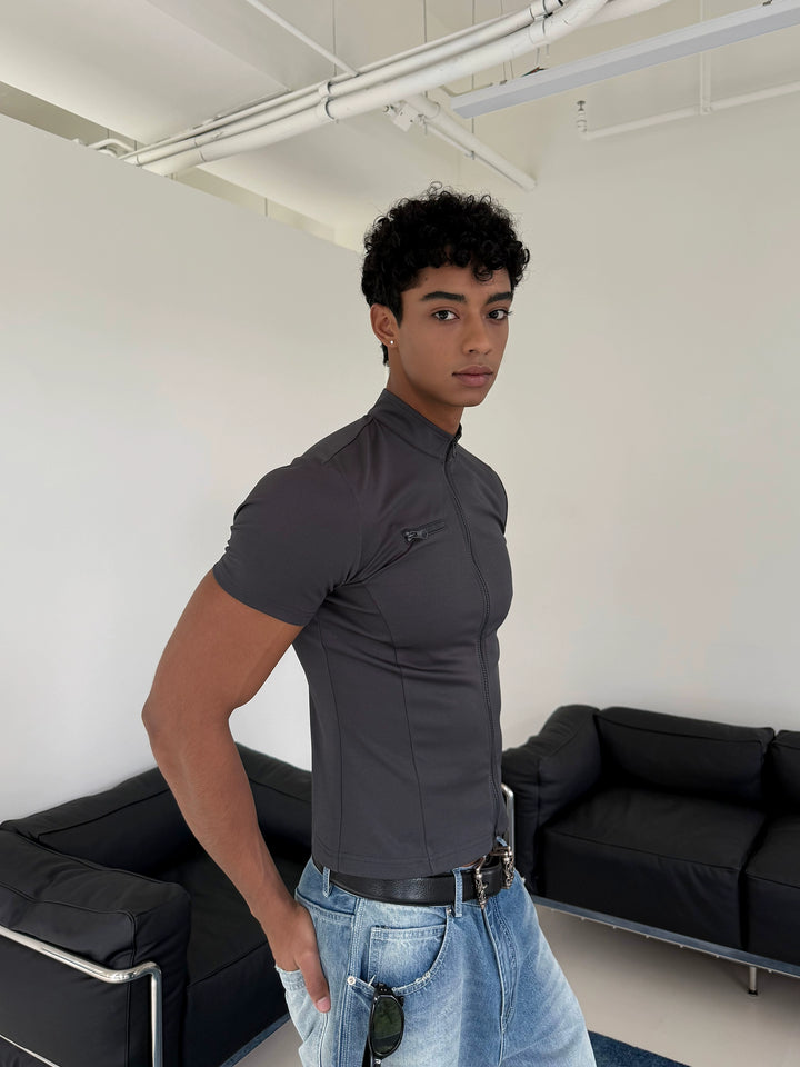 Slim Fit Zipper Short Sleeve Pullover