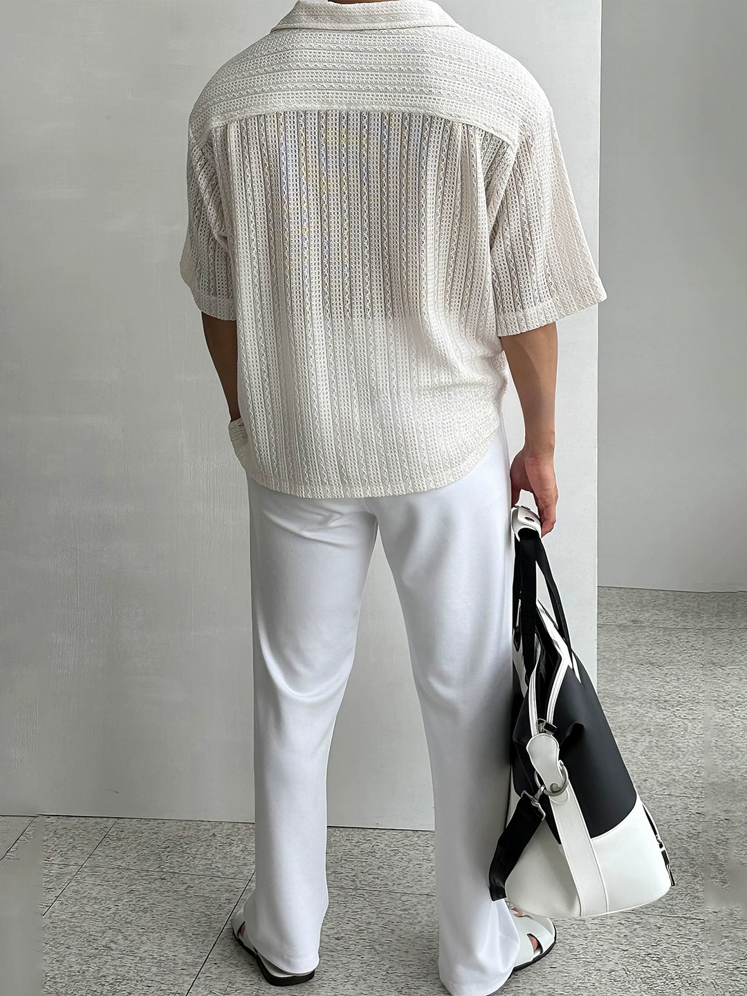 Hollow Jacquard Knit Lapel Short Sleeve Shirt