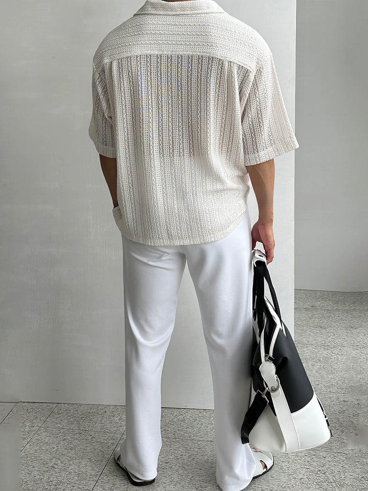 Hollow Jacquard Knit Lapel Short Sleeve Shirt