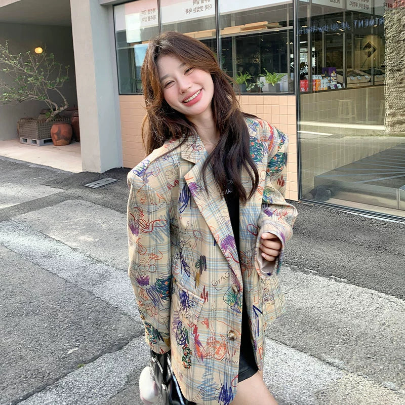 Graffiti Print Oversized Casual Suit Jacket