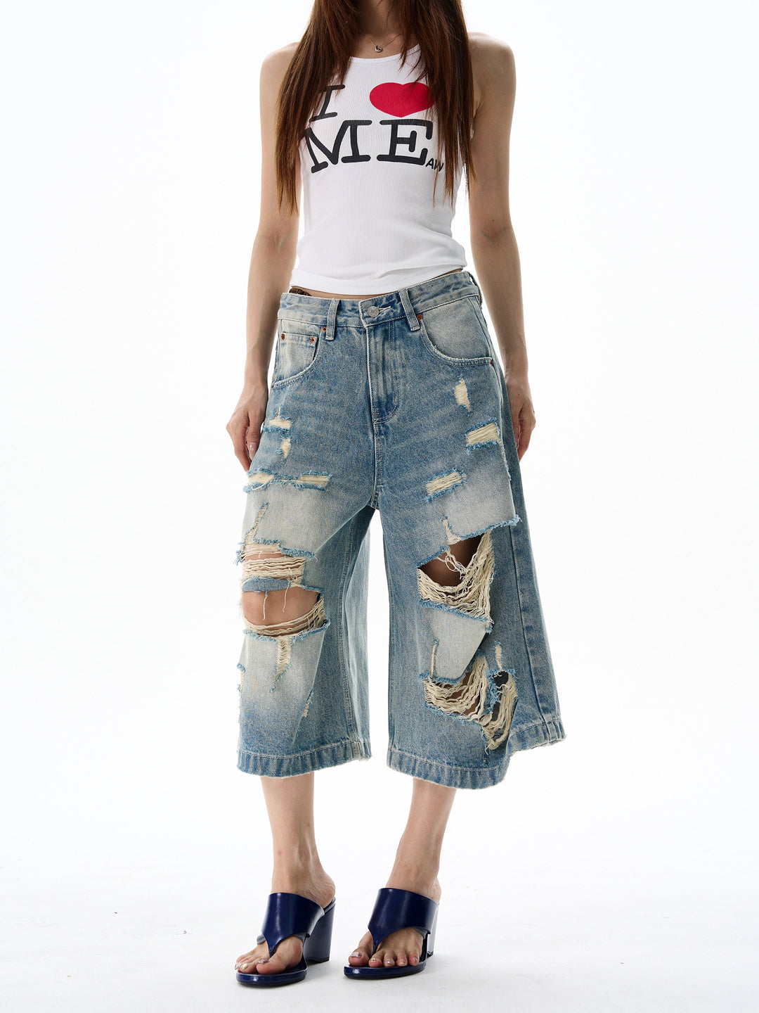 Ripped Denim Seven-Point Wide-Leg Pants
