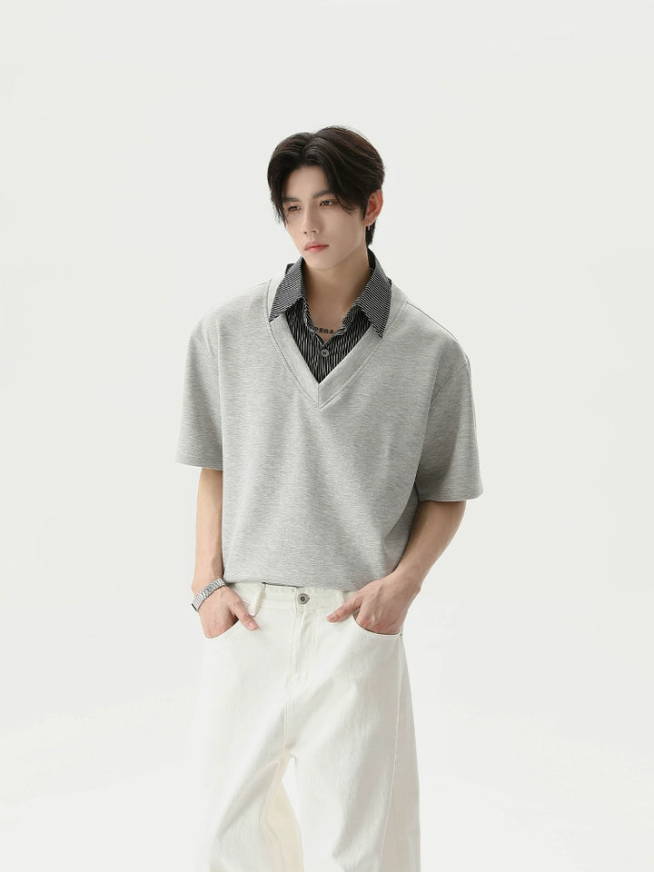 Loose Short Sleeve Pullover Layered Shirt