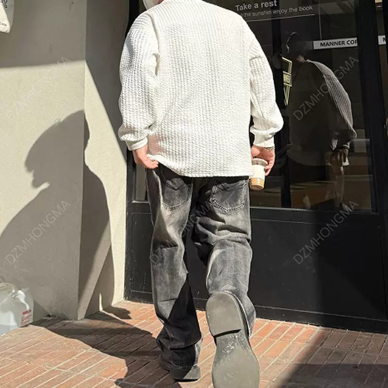 Losse Pas Diagonaal Gestikte Denim Broek