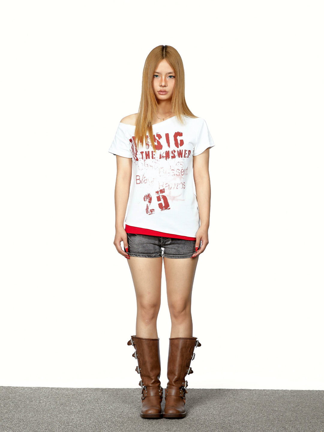 One-Shoulder Letter Print Slim Fit T-Shirt