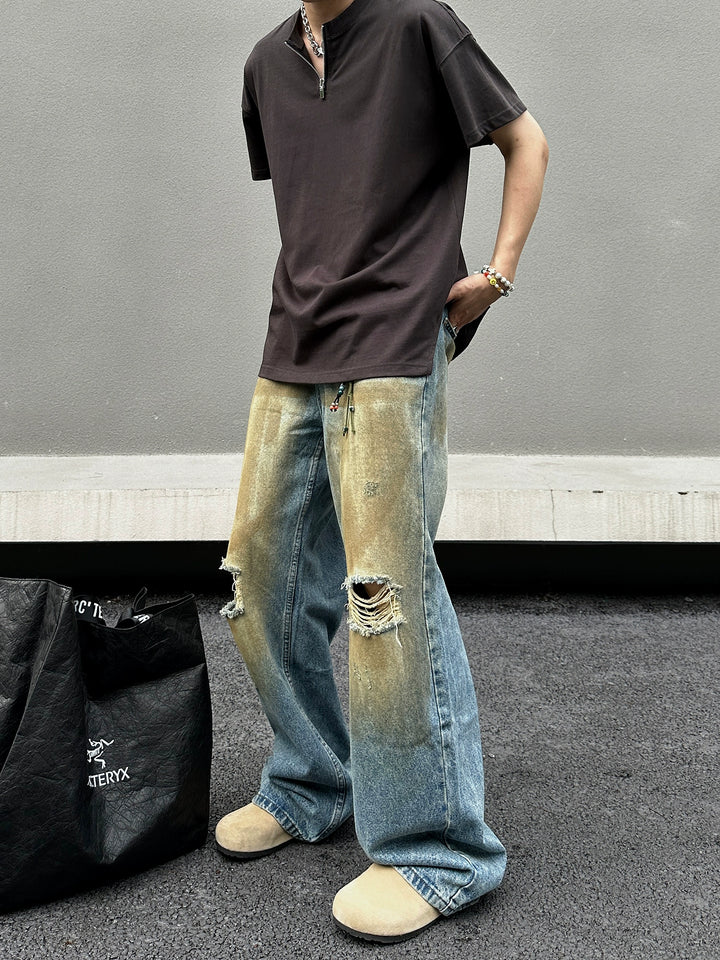 Distressed Loose Fit Washed Hole Jeans