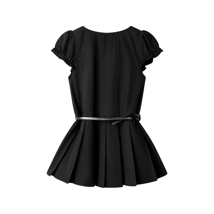 Bubble Sleeve Pleated Tunic Belted Top