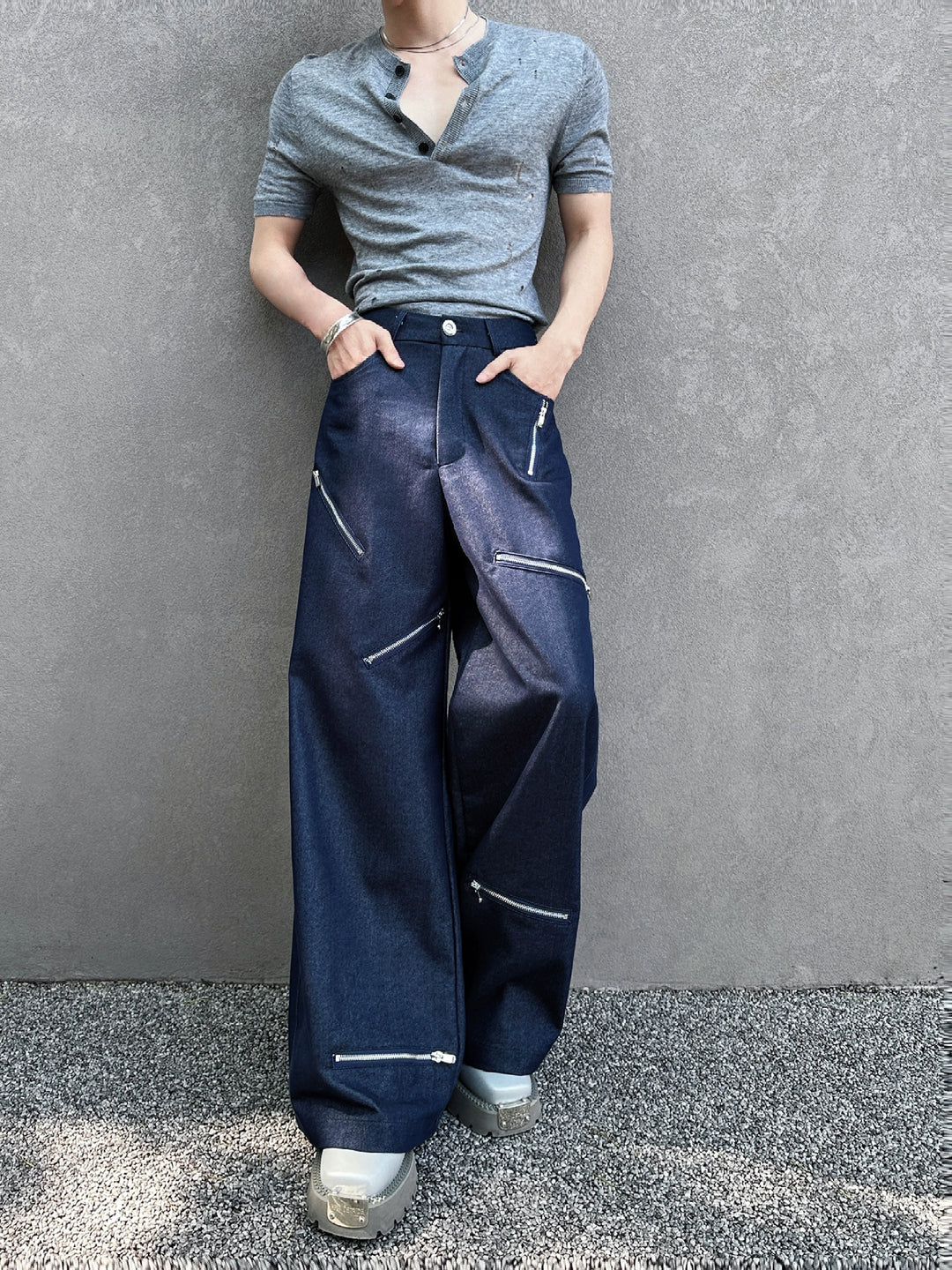Loose Straight Wide-Leg Zipper Jeans