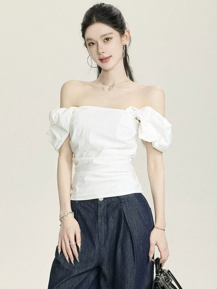 Puff Sleeve One-Shoulder Slim-Fit Top