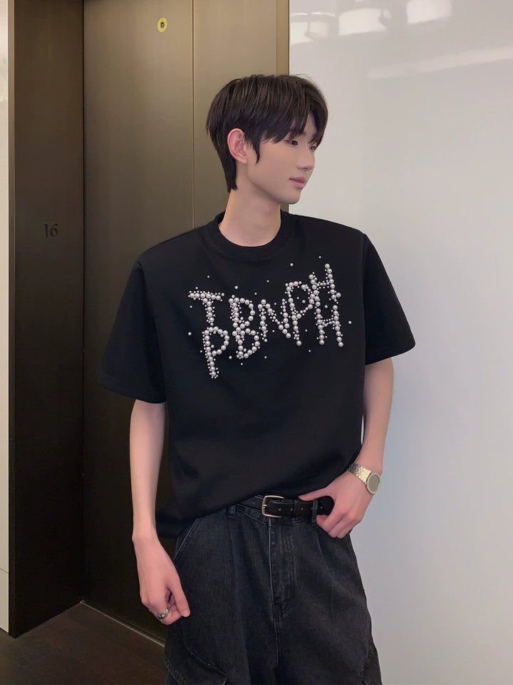 Beaded Pearl Letter Short Sleeve T-shirt