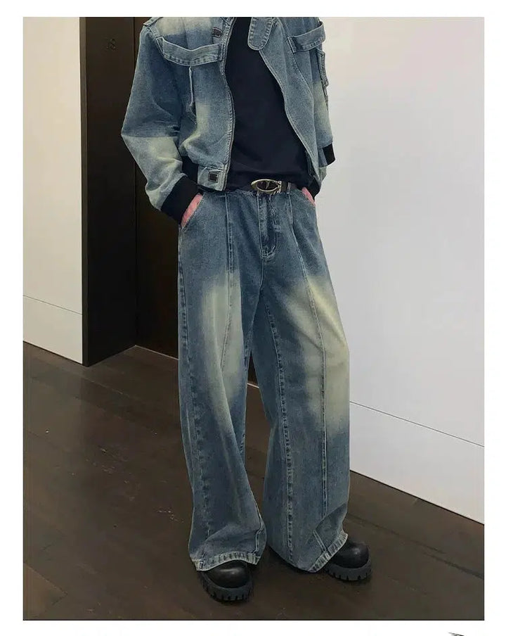 Distressed Stand Collar Denim Jacket Pants Set