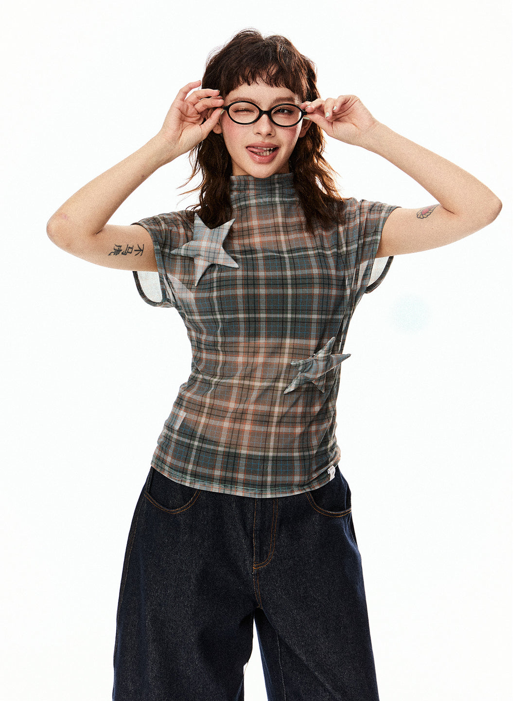 Mesh Star Patch Turtleneck Top