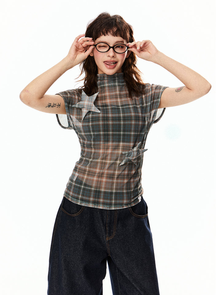 Mesh Star Patch Turtleneck Top