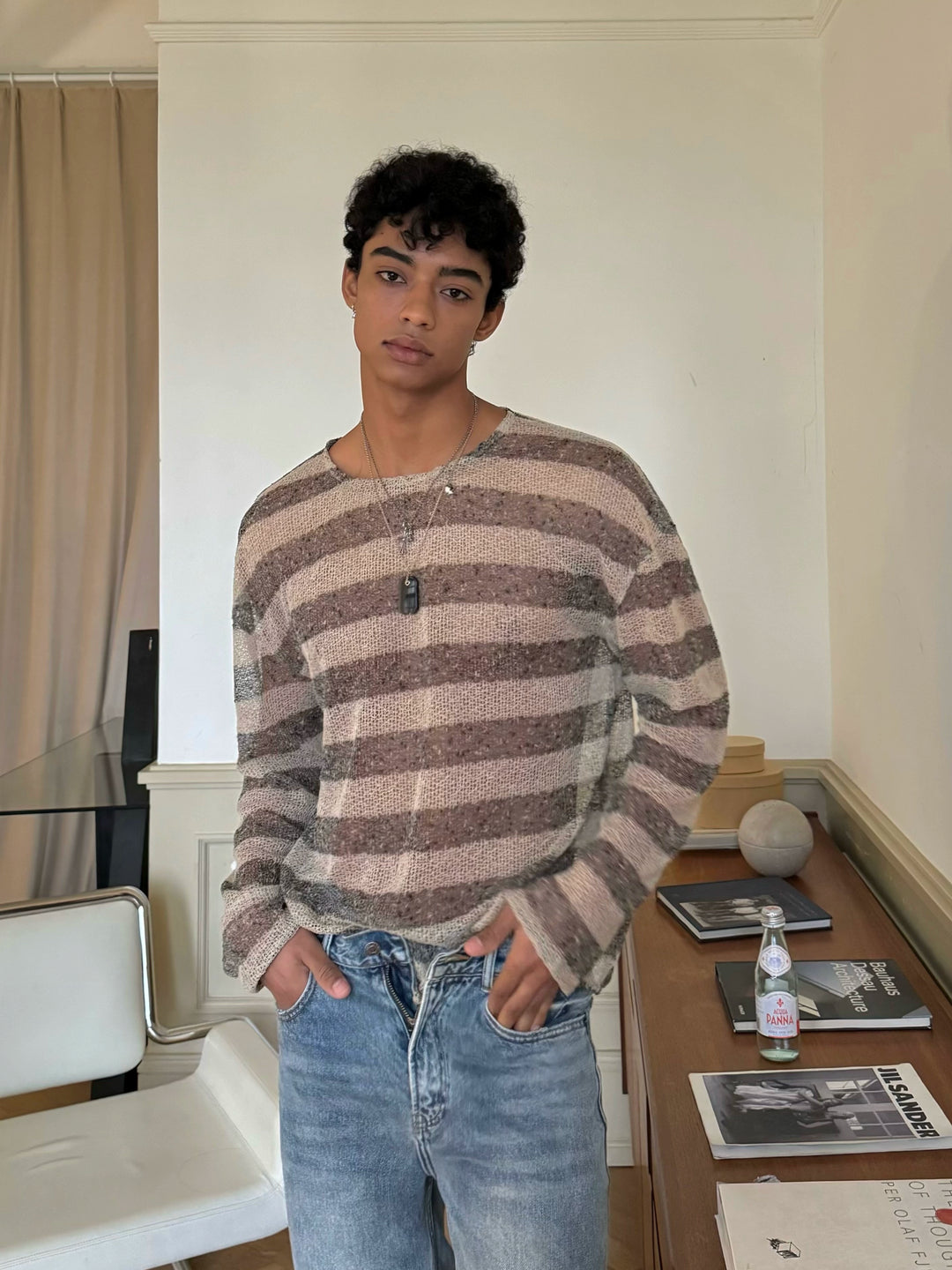 Lightweight Striped Knit Loose Fit Sweater