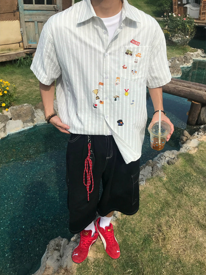 Striped Short Sleeve Loose Sticker Shirt