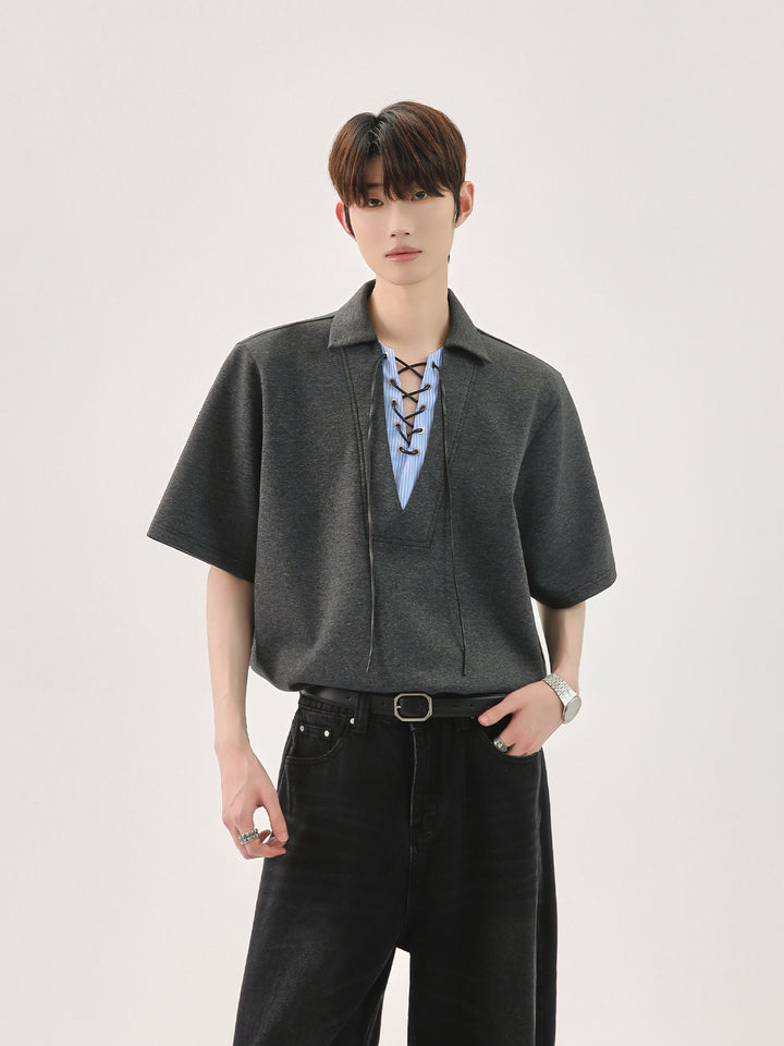 Camisa Polo Casual com Decote em V e Cadarço
