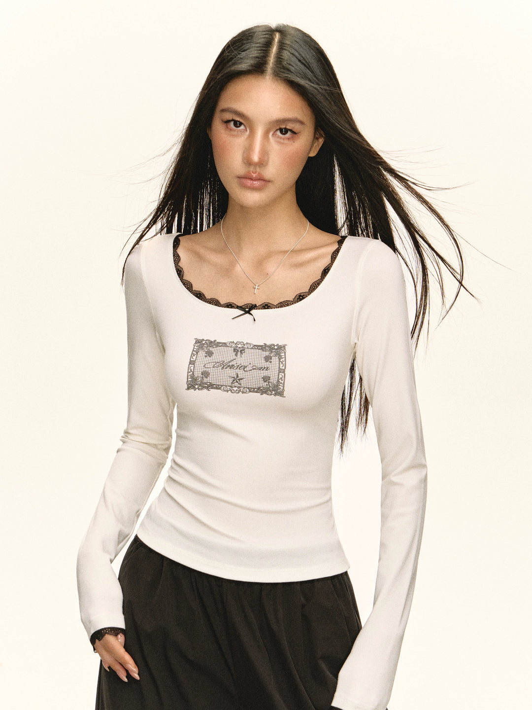 Lace Trim Long Sleeve Turtleneck Top