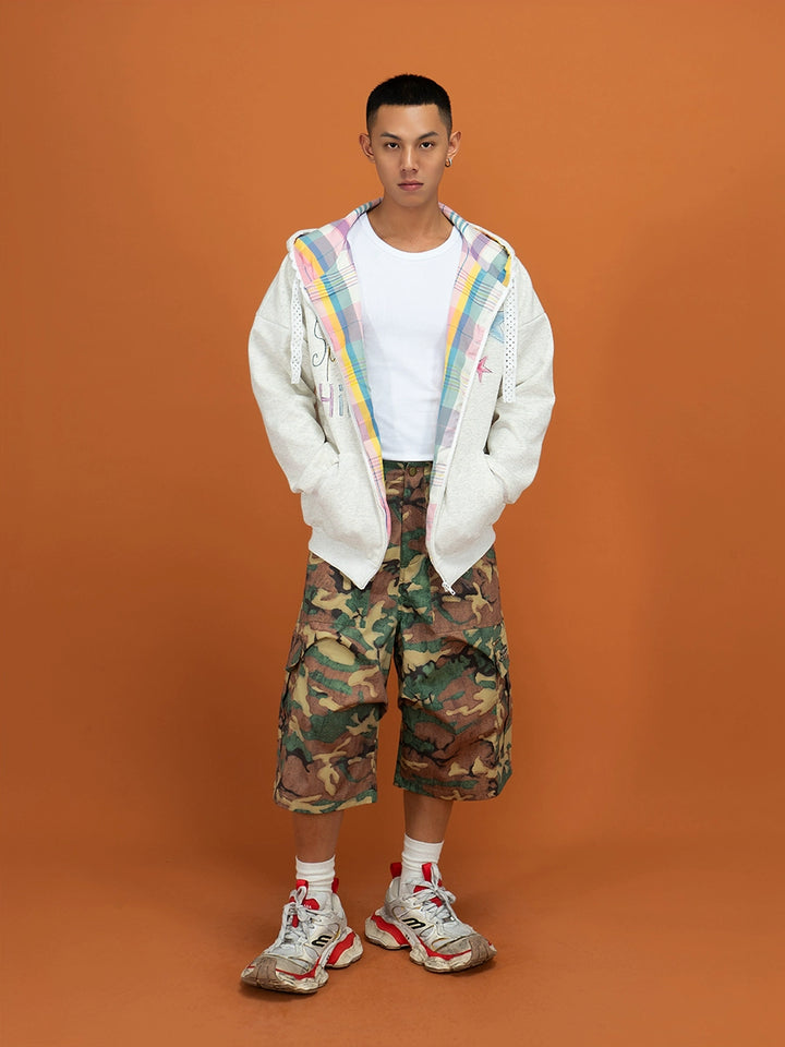 Plaid Lined Zip Up Embroidered Hoodie